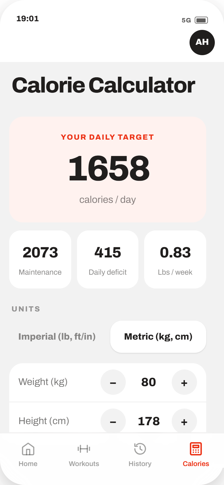 TrainFlow calorie calculator screen