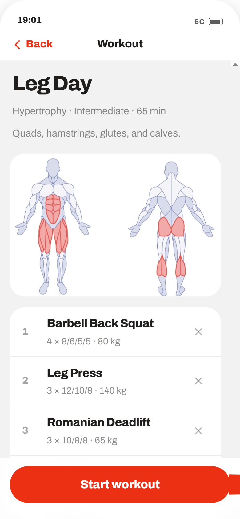 TrainFlow workout detail screen