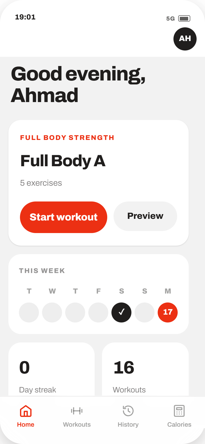 TrainFlow home screen showing today's session, the week strip and streak