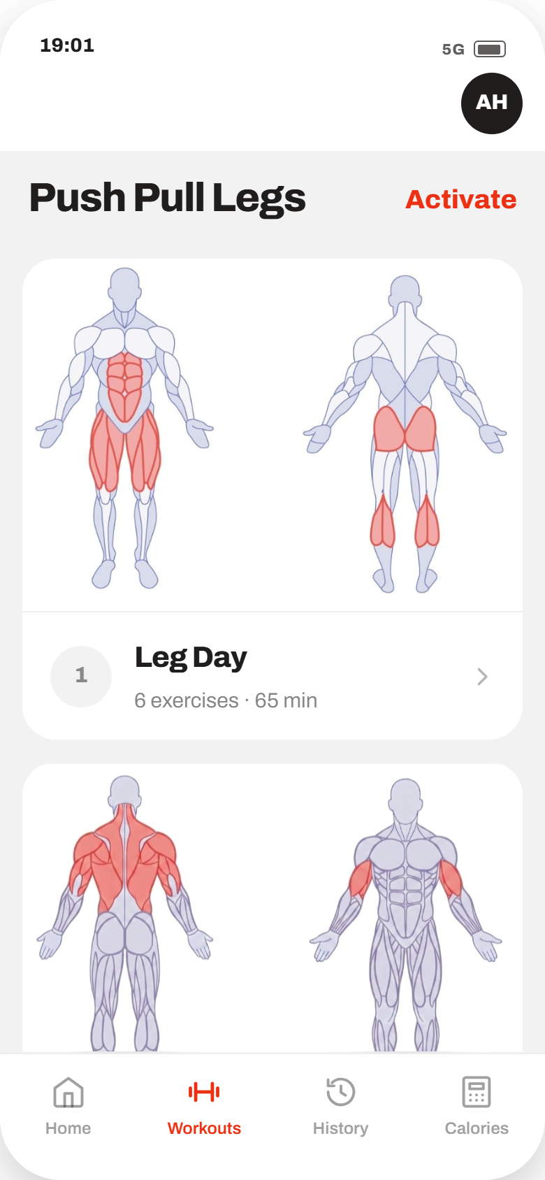 TrainFlow workouts screen